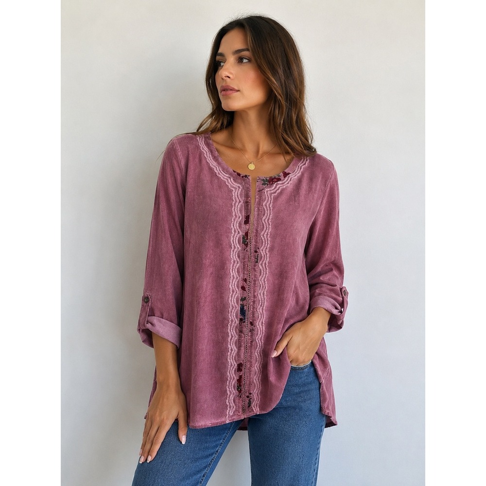 Women's Mauve Lace-Trim Button Front Top